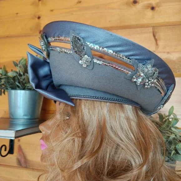 Vintage Deborah New York 70s Gray Satin Bow Wool Sequins 